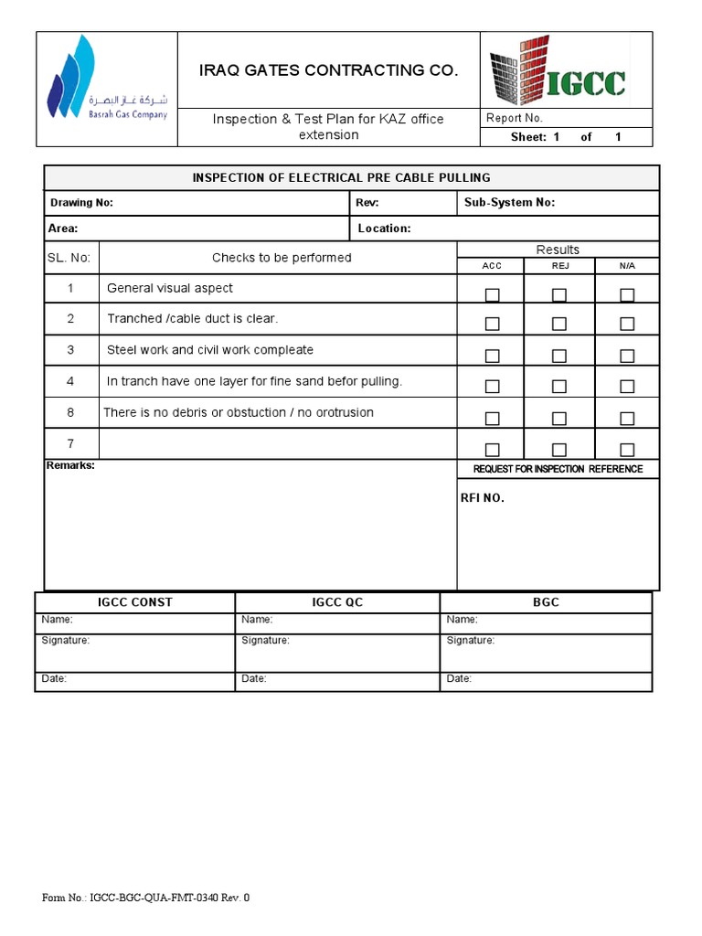 Electrical Pre Cable Pulling Inspection Plan | PDF