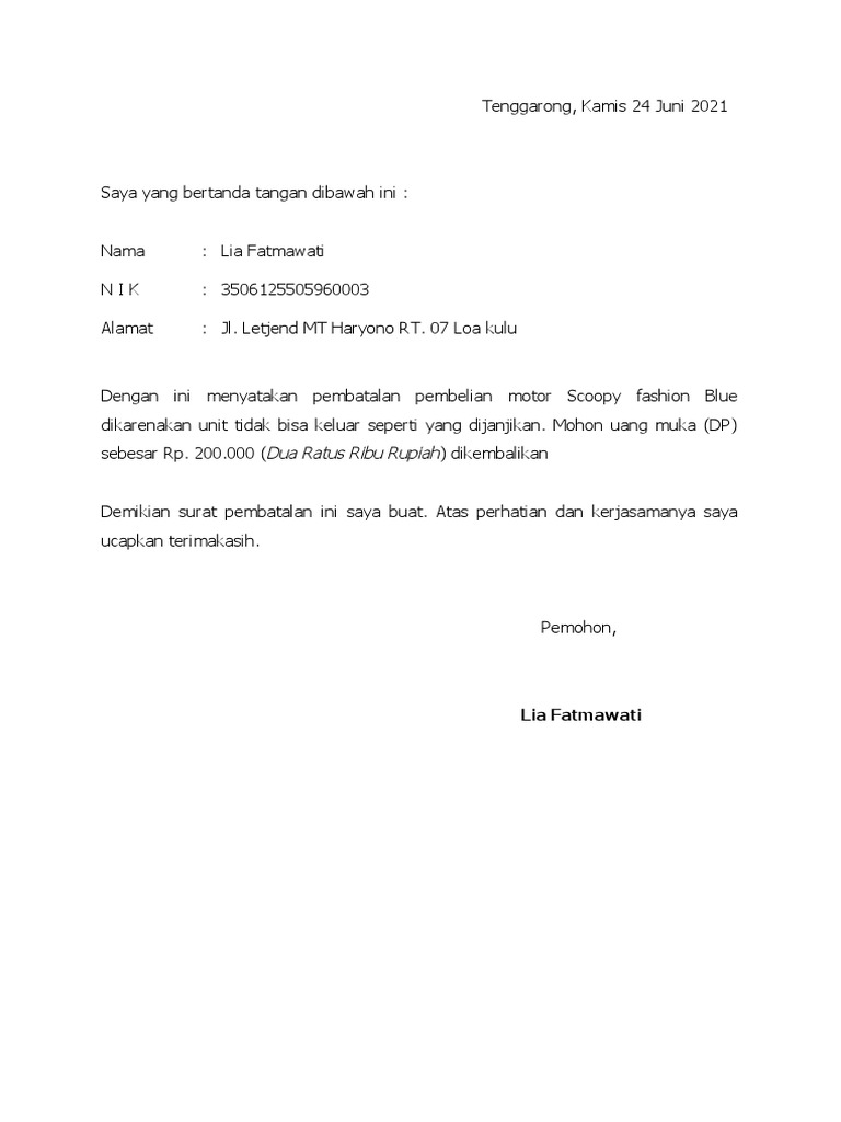 Surat Pembatalan Pembelian Motor | PDF