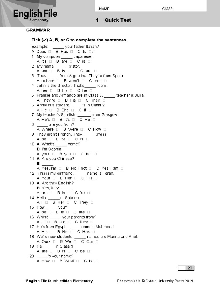 1 Quick Test Grammar Tick A B Or C To Complete The Sentences Pdf