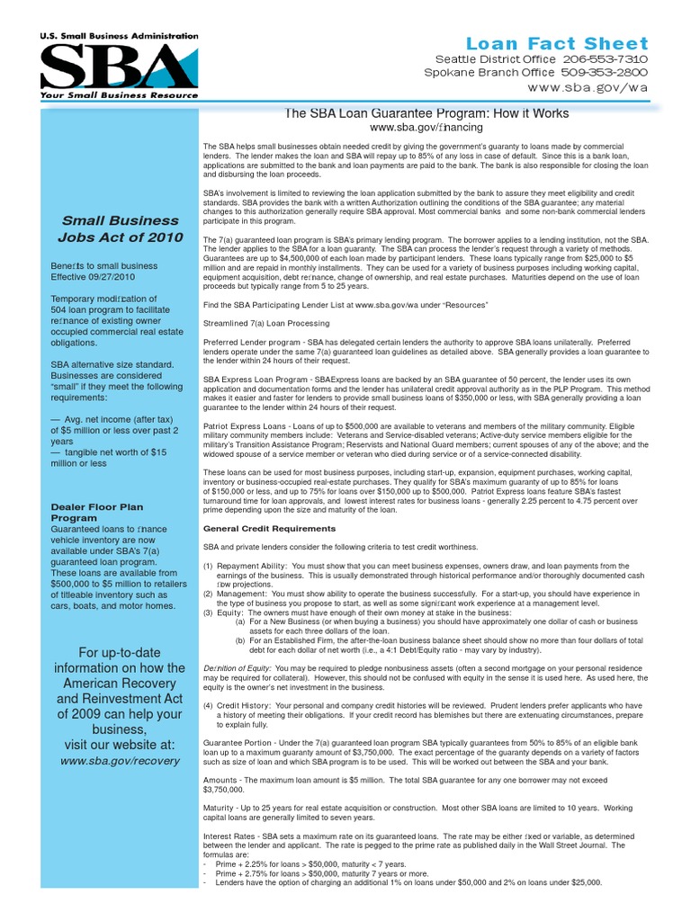 Loan Fact Sheet WWW Sba.gov/wa The SBA Loan Guarantee Program How
