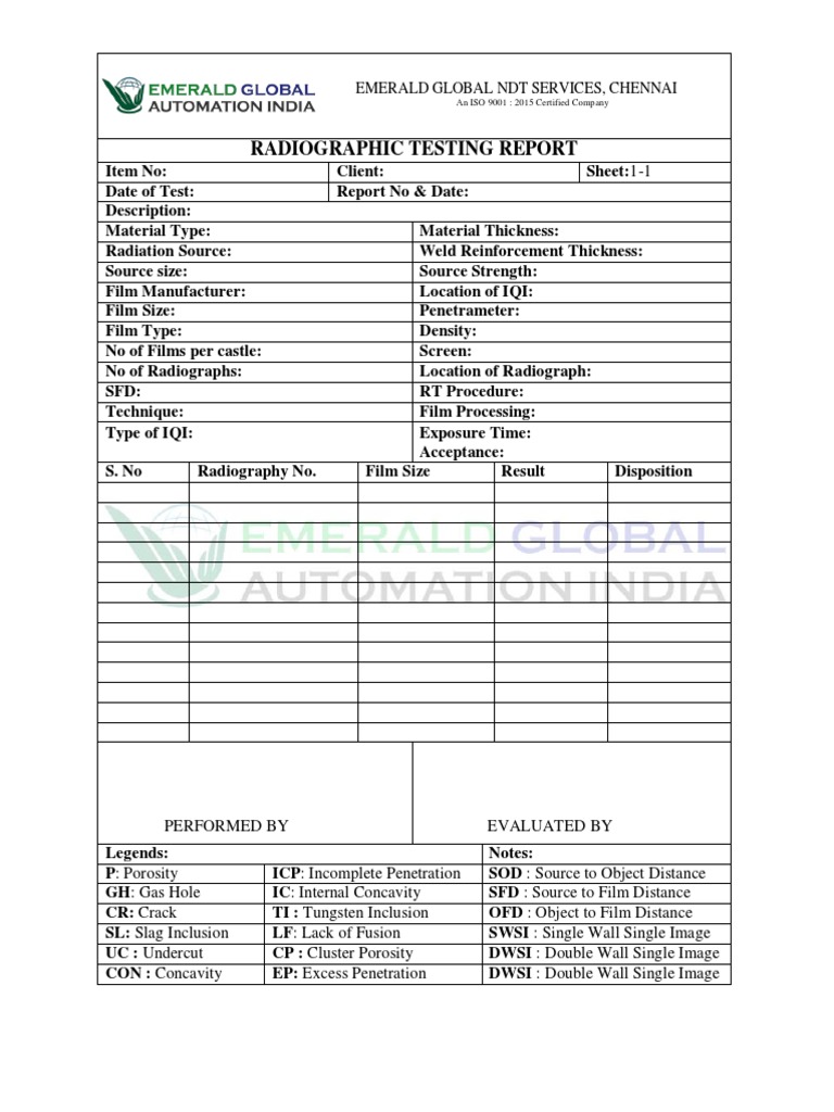 Radiographic Testing Report: Emerald Global NDT Services, Chennai | PDF