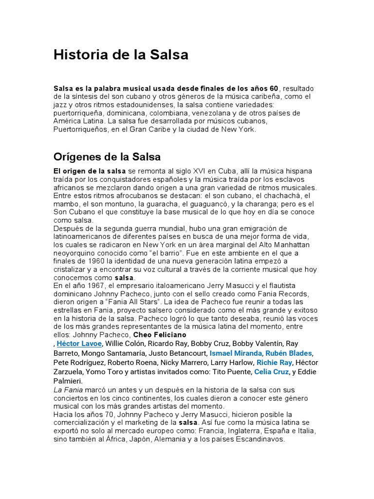 Historia de La Salsa Origen y Todo. | PDF | Subgéneros musicales ...
