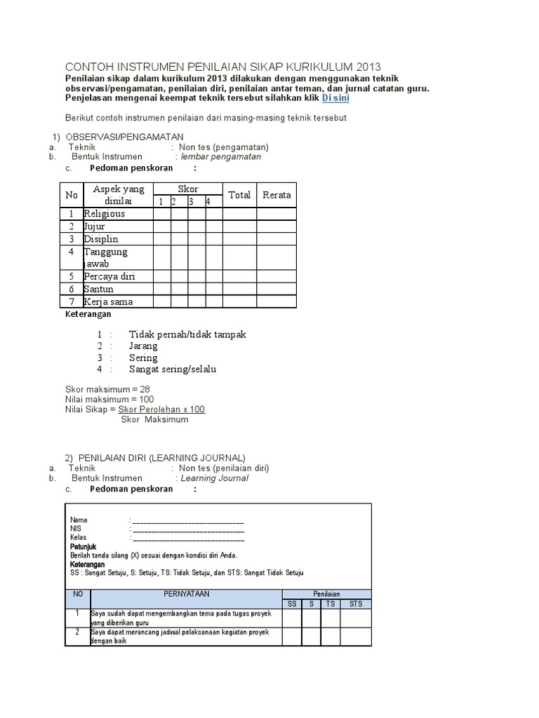Contoh Instrumen Penilaian Sikap Kurikulum 2013 Pdf