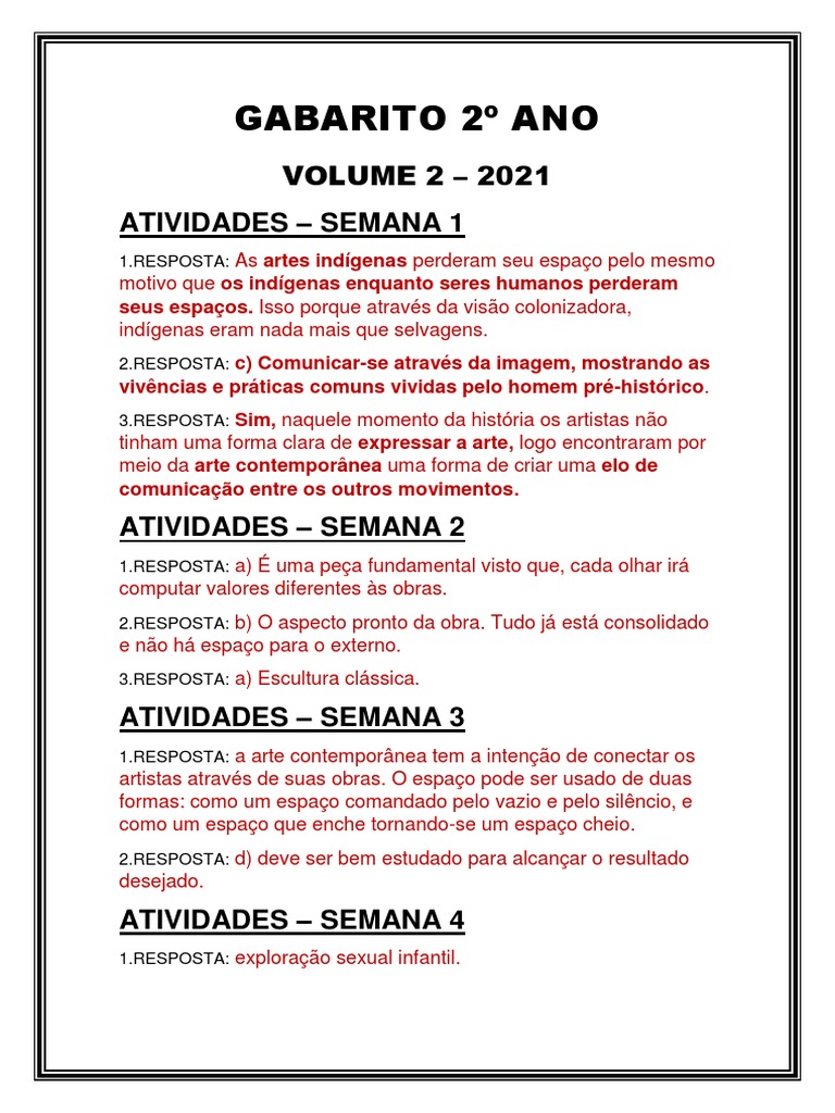 Gabarito 2º Ano Volume 2 | PDF | Arte