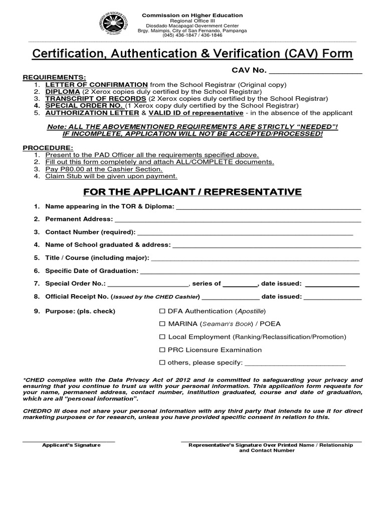 Certification, Authentication & Verification (CAV) Form: For The ...
