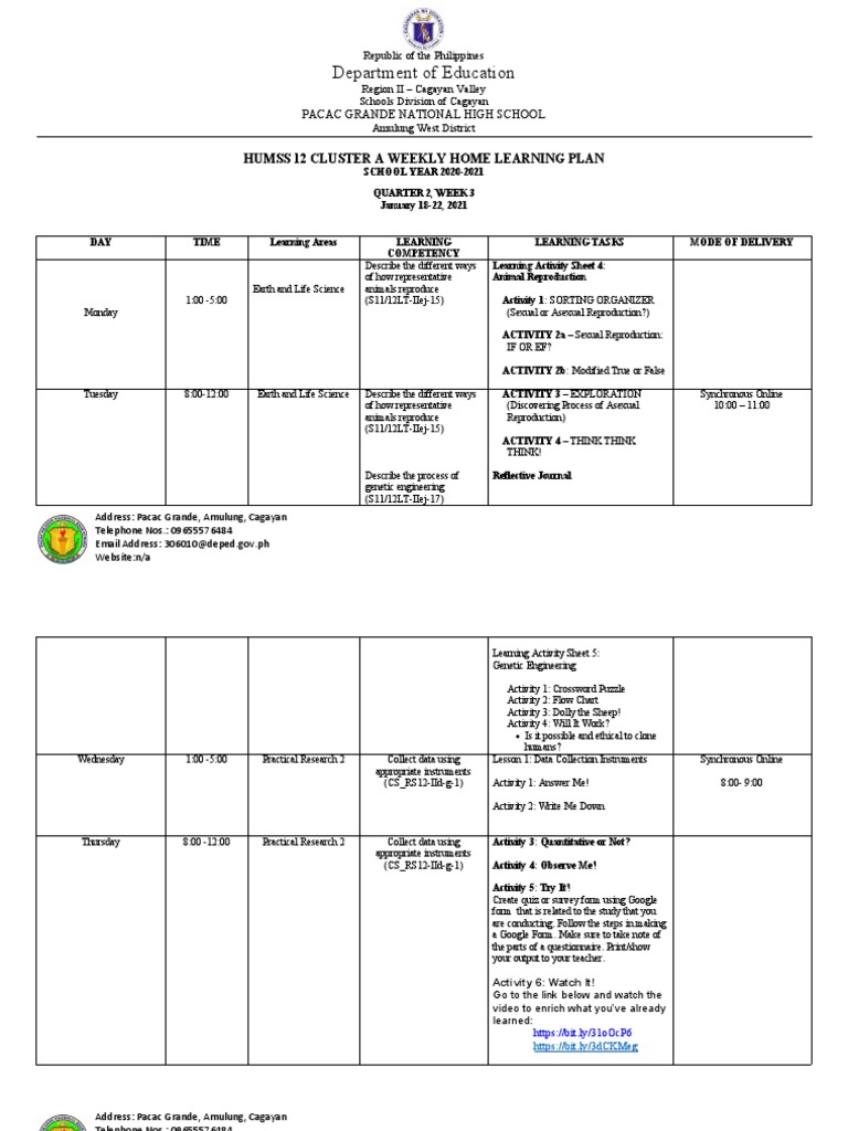 HUMSS 12 Weekly Learning Plan: Week 3 | PDF | Reproduction | Biology