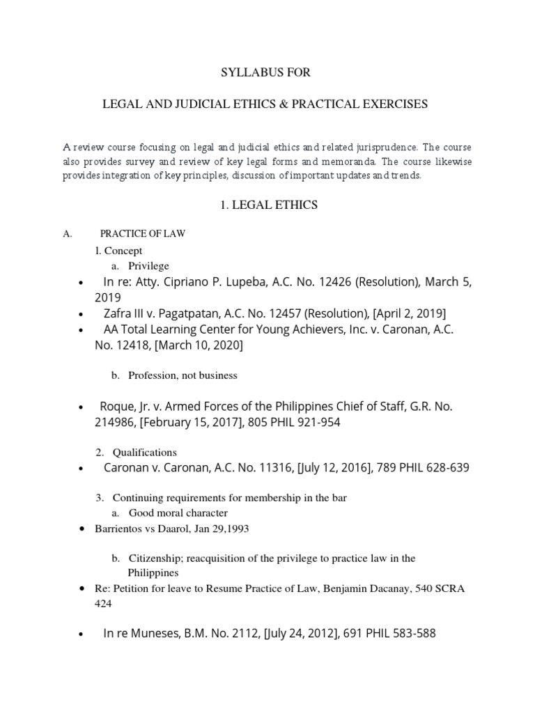 Legal & Judicial Ethics & Practical Exercises Syllabus PDF Practice