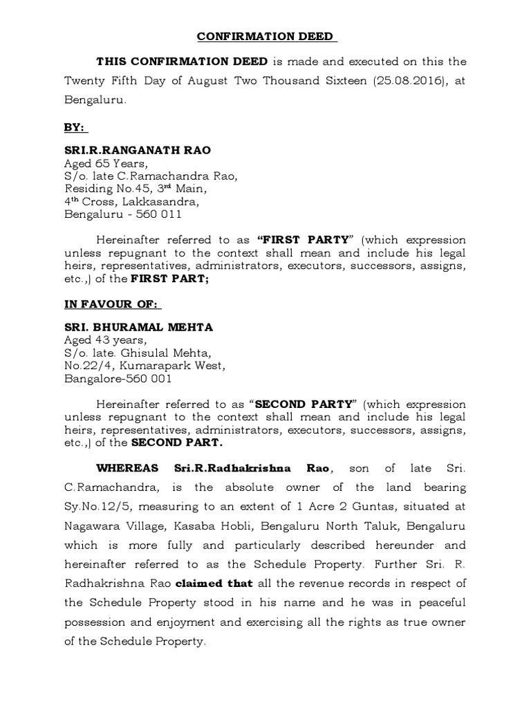 Confirmation Deed for Land Sale | PDF | Deed | Civil Law (Legal System)