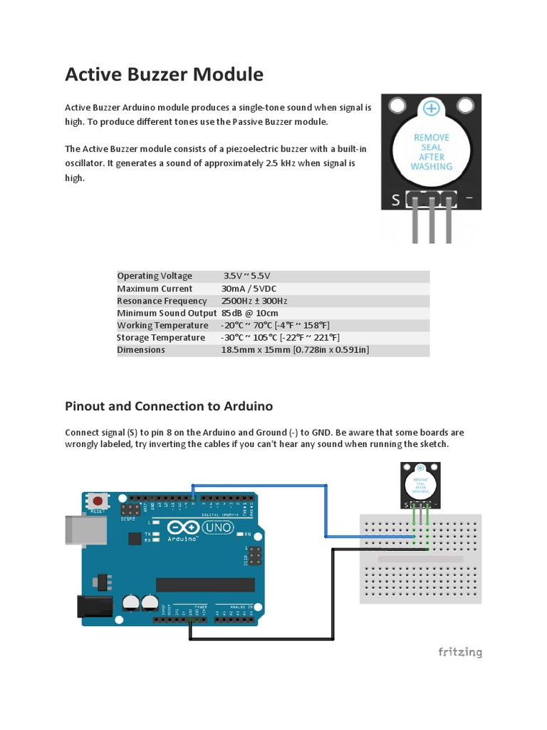 Active Buzzer Module: Pinout and Connection To Arduino | PDF