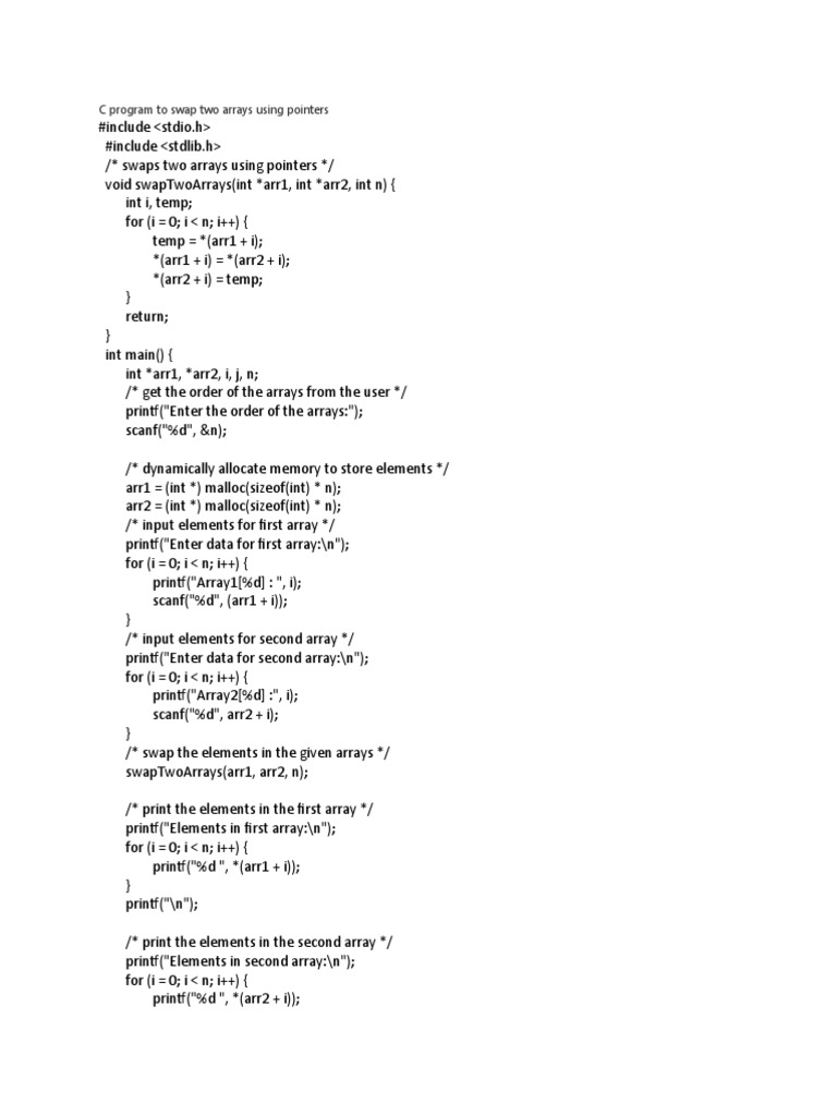 C Program To Swap Two Arrays Using Pointers | PDF image.