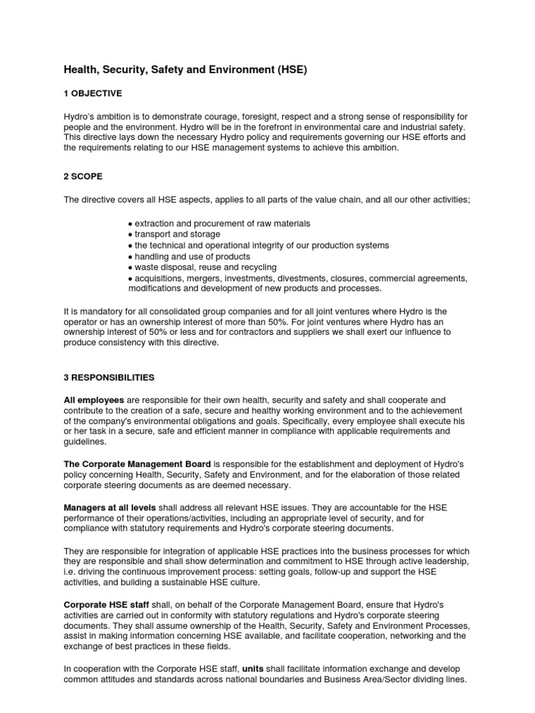 Hydro HSE Policy and Management System | PDF | Regulatory Compliance ...