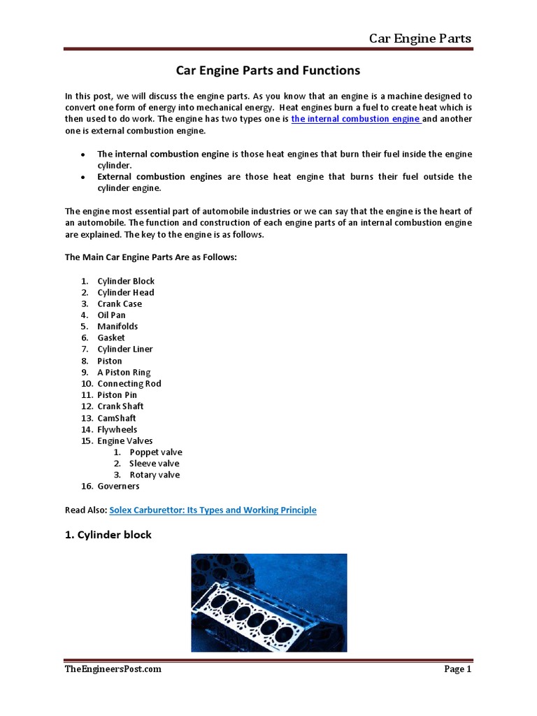 Car Engine Parts PDF Piston Internal Combustion Engine