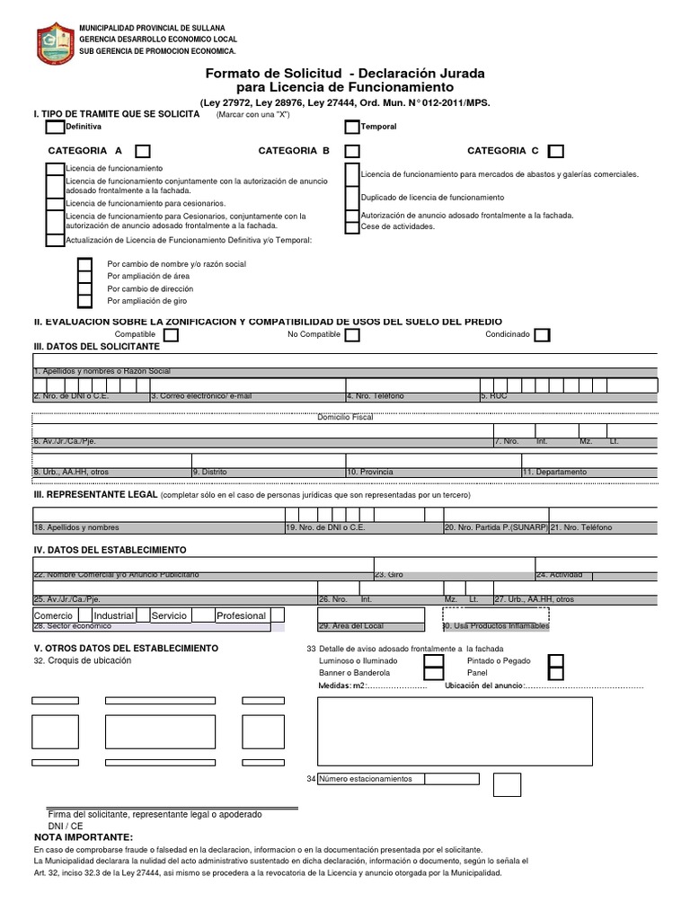 1 - Formato de Solicitud de Licencia de Funcionamiento | PDF | Business