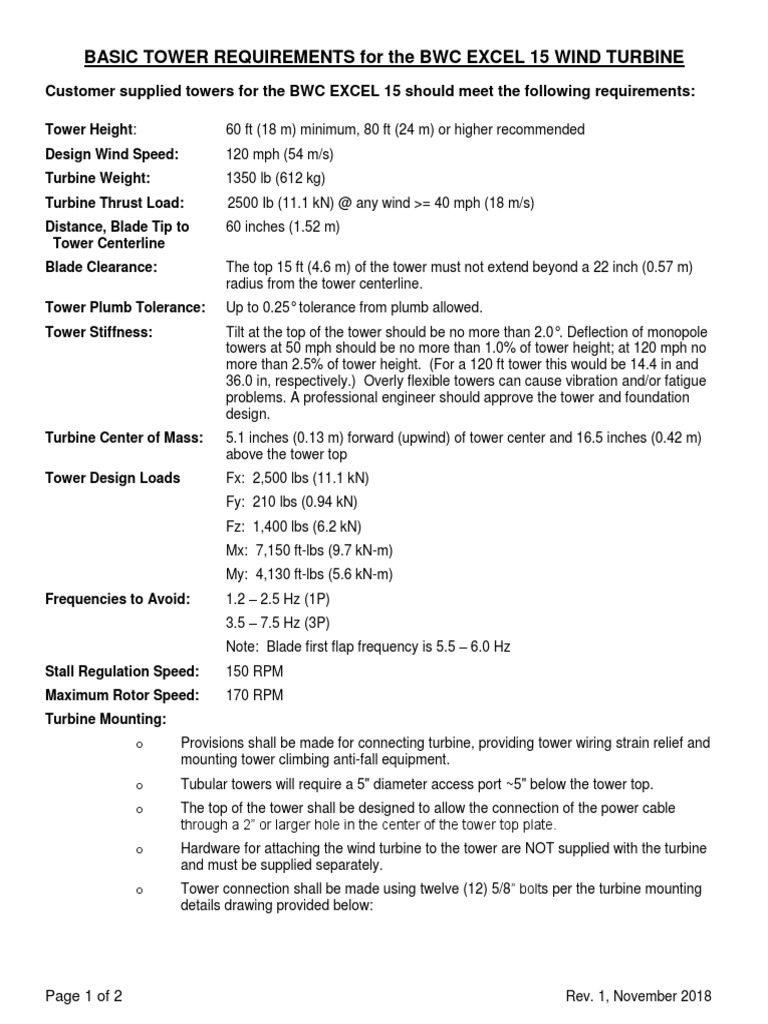 Basic Tower Requirements For The BWC Excel 15 Wind Turbine PDF Turbine Electrical Wiring