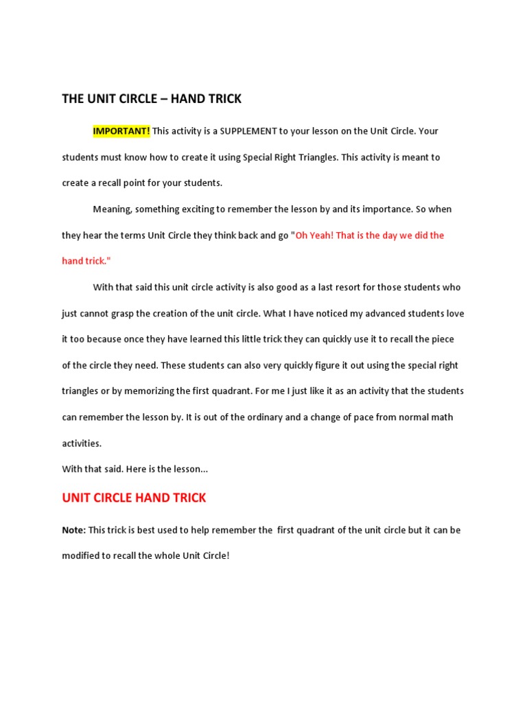 Unit Circle Hand Trick Guide | PDF | Trigonometric Functions | Sine