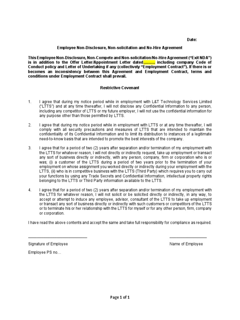 Employee Exit Non-Disclosure Agreement | PDF | Non Disclosure Agreement ...