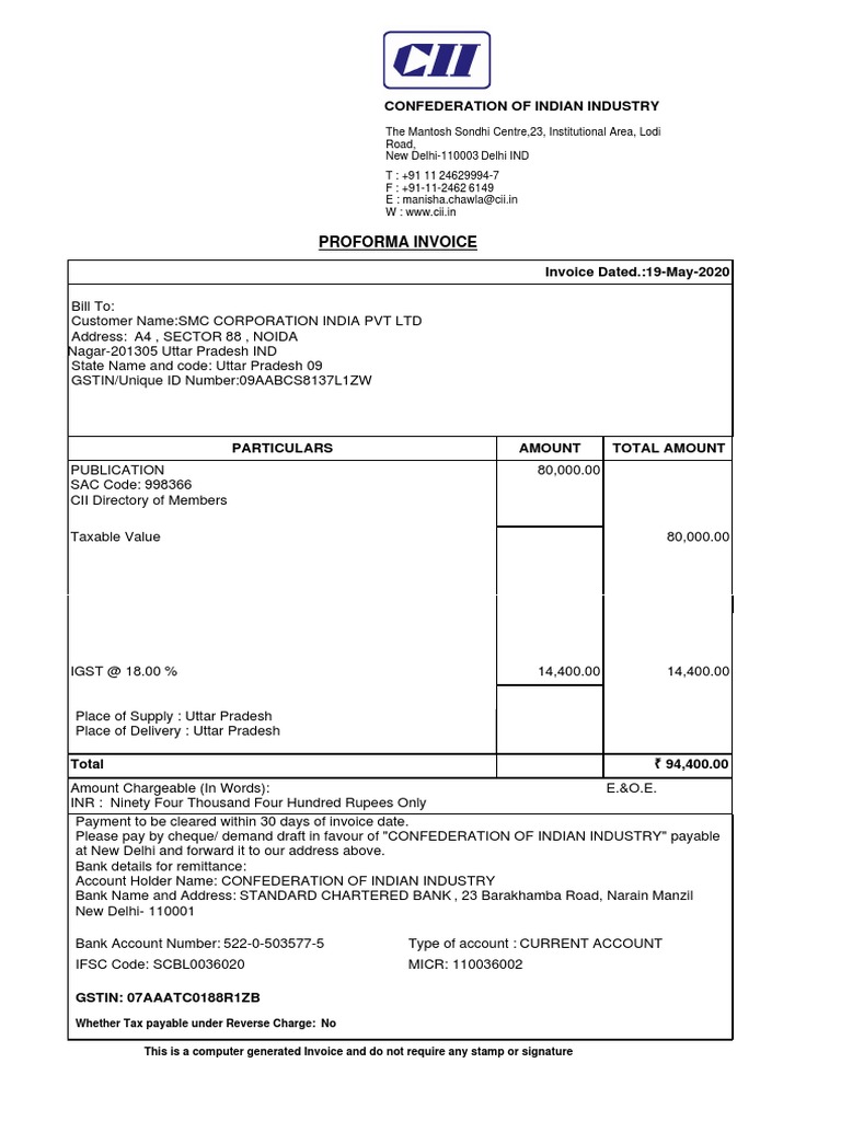 Proforma Invoice: Confederation of Indian Industry | PDF | Invoice | Cheque