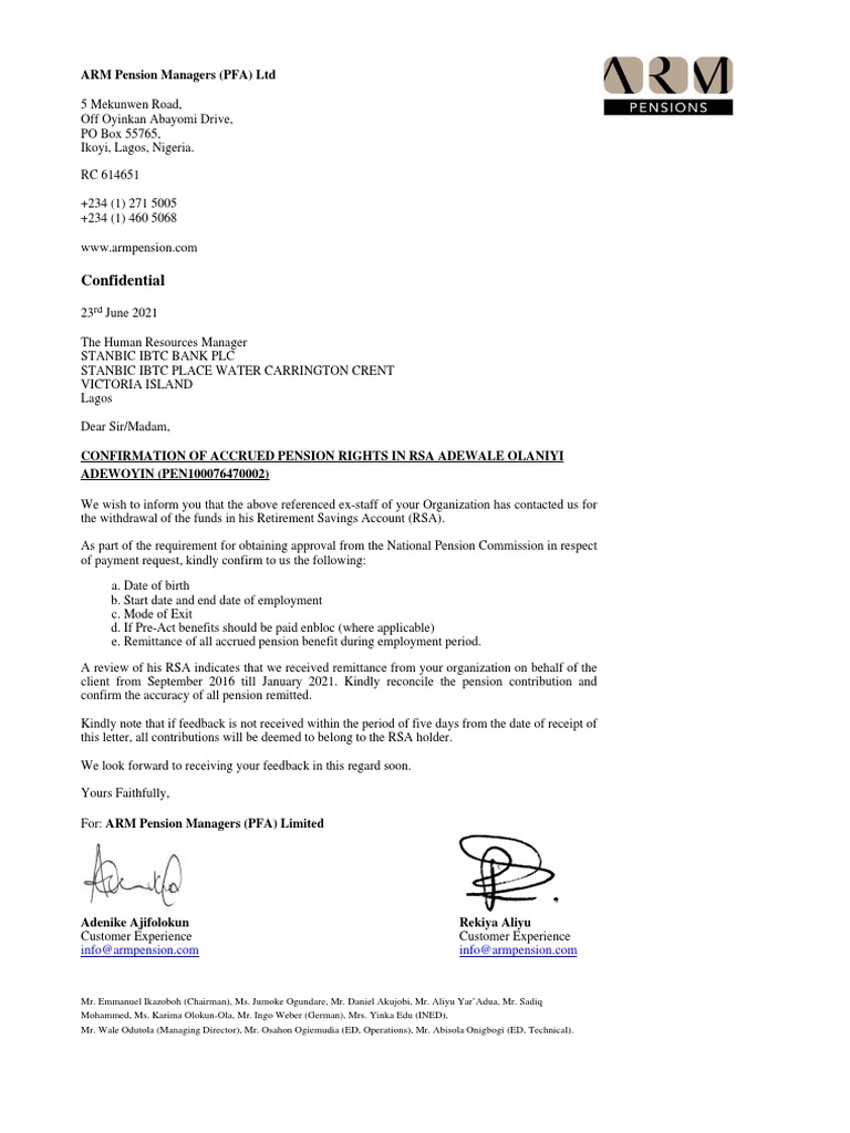 Confirmation of Accrued Pension Rights | PDF | Business | Finance ...