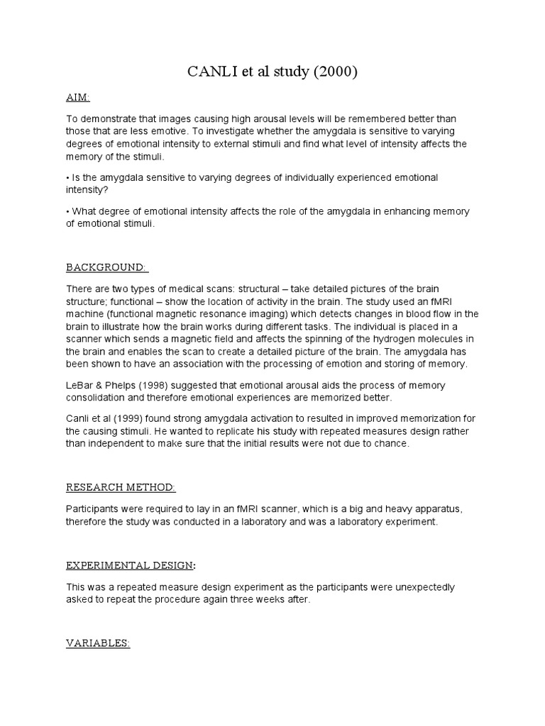 CANLI Et Al Study | PDF | Functional Magnetic Resonance Imaging | Amygdala