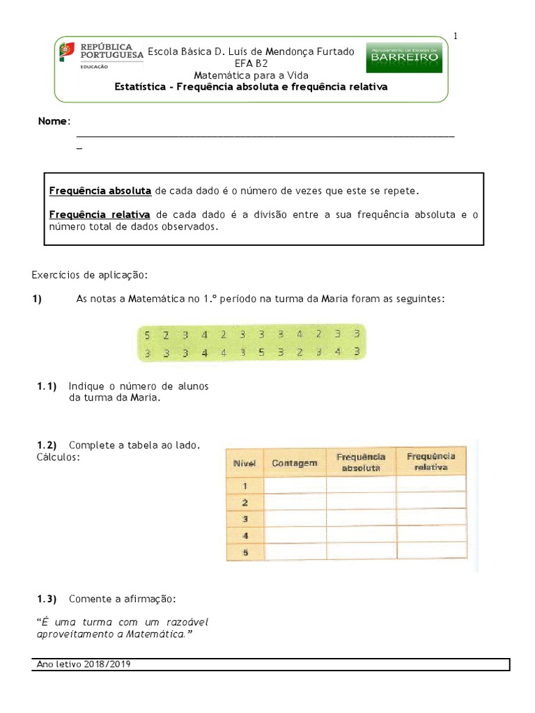 Ficha7 Frequencia Absoluta e Frequencia Relativa | PDF