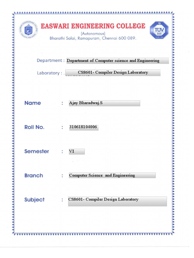Compiler Design Laboratory Experiments | PDF | Parsing | C++