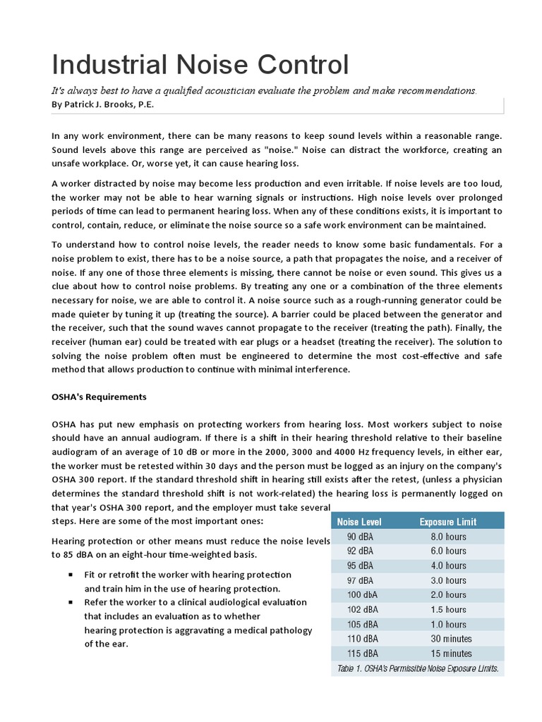 An Overview of Industrial Noise Control Methods and OSHA Regulations