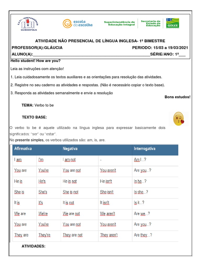 Atividades sobre o verbo to be | PDF | Carreira e Crescimento | Artes ...
