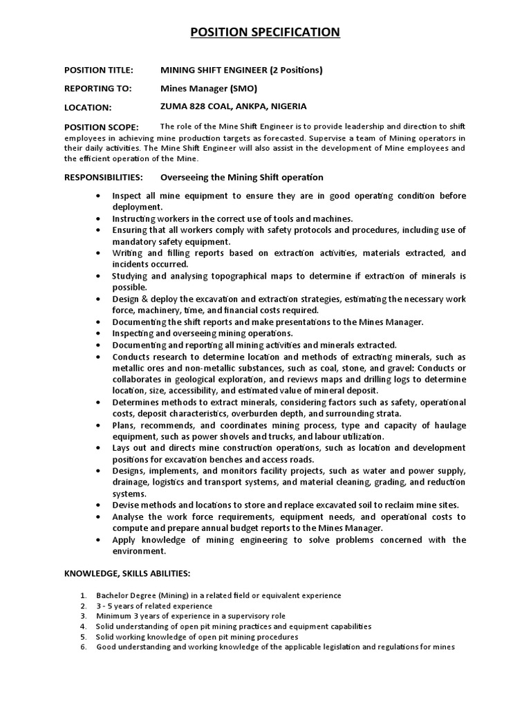 JD Mining Shift Engineer | PDF | Mining | Science