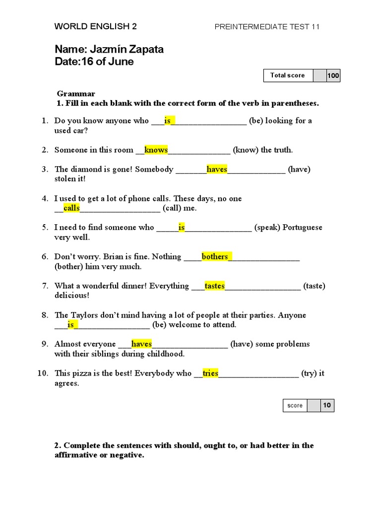 Jazmín's Pre-Intermediate Test 11 | PDF | Counseling Psychology ...