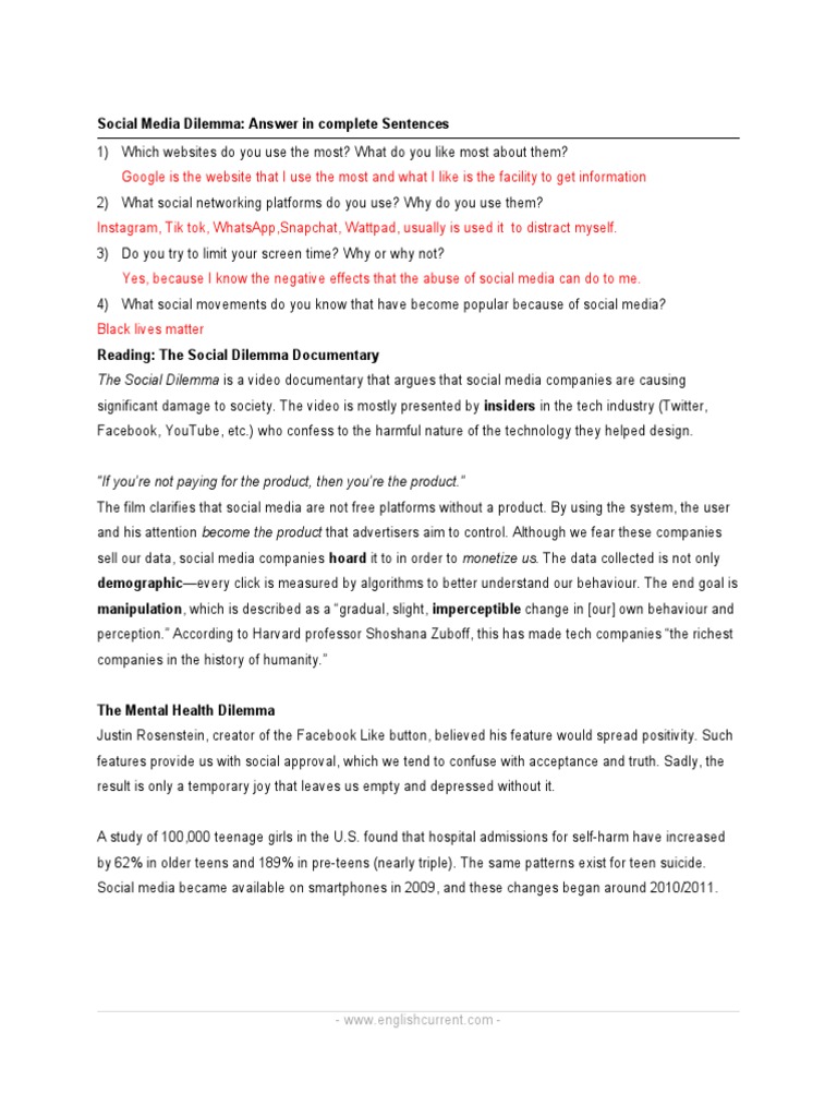 SOCIAL MEDIA DILEMMA Worksheet Done | PDF | Social Media | Popular Culture  & Media Studies
