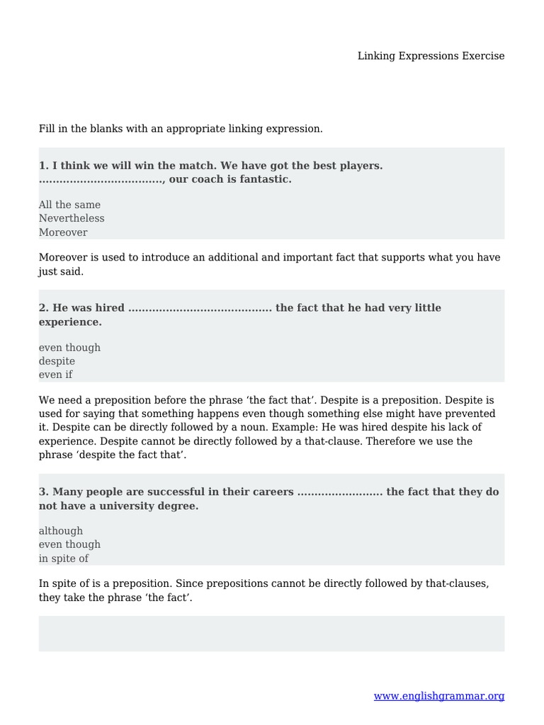 Linking Expressions Exercises : linking words online activity for B2 – ELZU