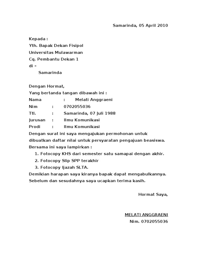 SURAT PERMOHONAN TRANSKRIP NILAI