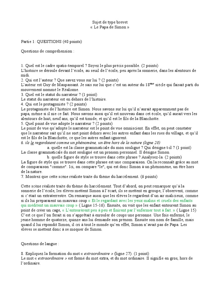 évaluation 4eme Le Papa De Simon Brevet | PDF | Guy de Maupassant | Linguistique