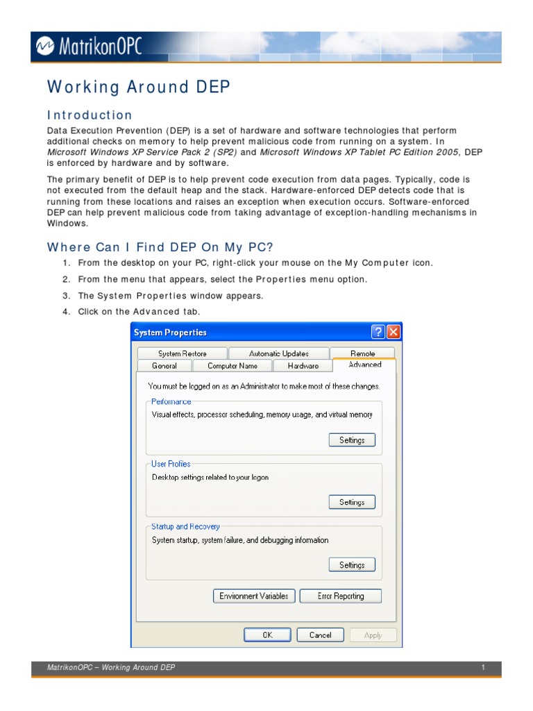Working Around DEP Microsoft Windows XP Service Pack 2 (SP2) and