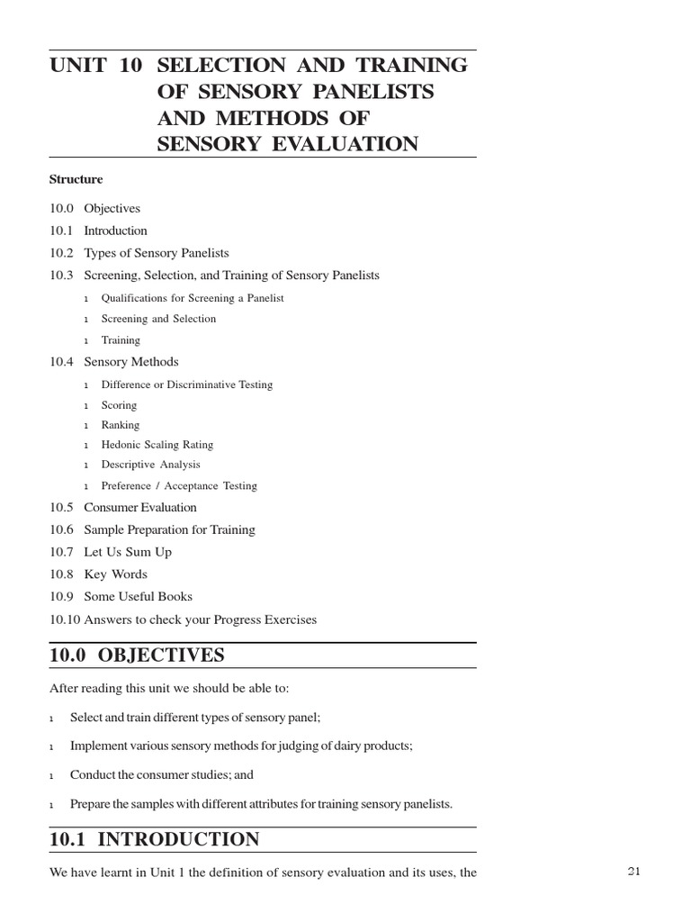 Unit 10 Selection and Training of Sensory Panelists and Methods of ...