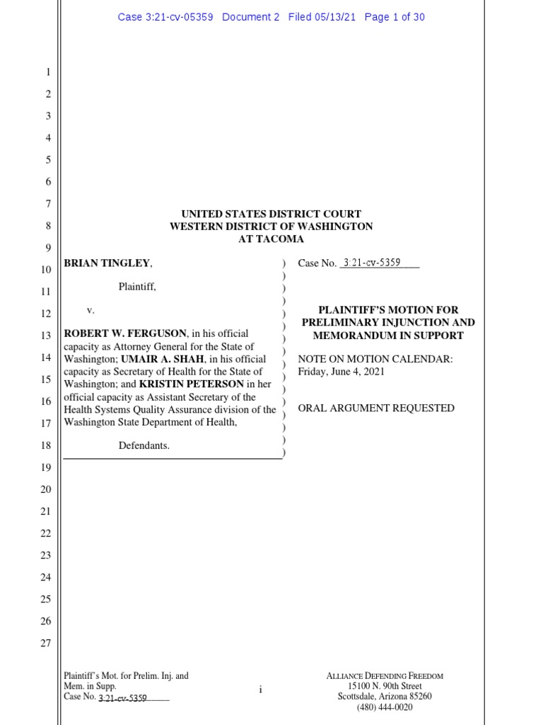 Tingley v. Ferguson Motion To Preliminary Injunction and Memo in ...