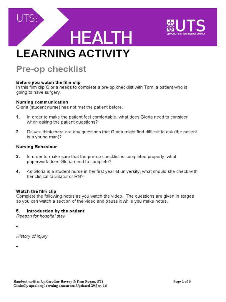 Preoperative Checklist for Nursing Students | PDF | Nursing | Patient