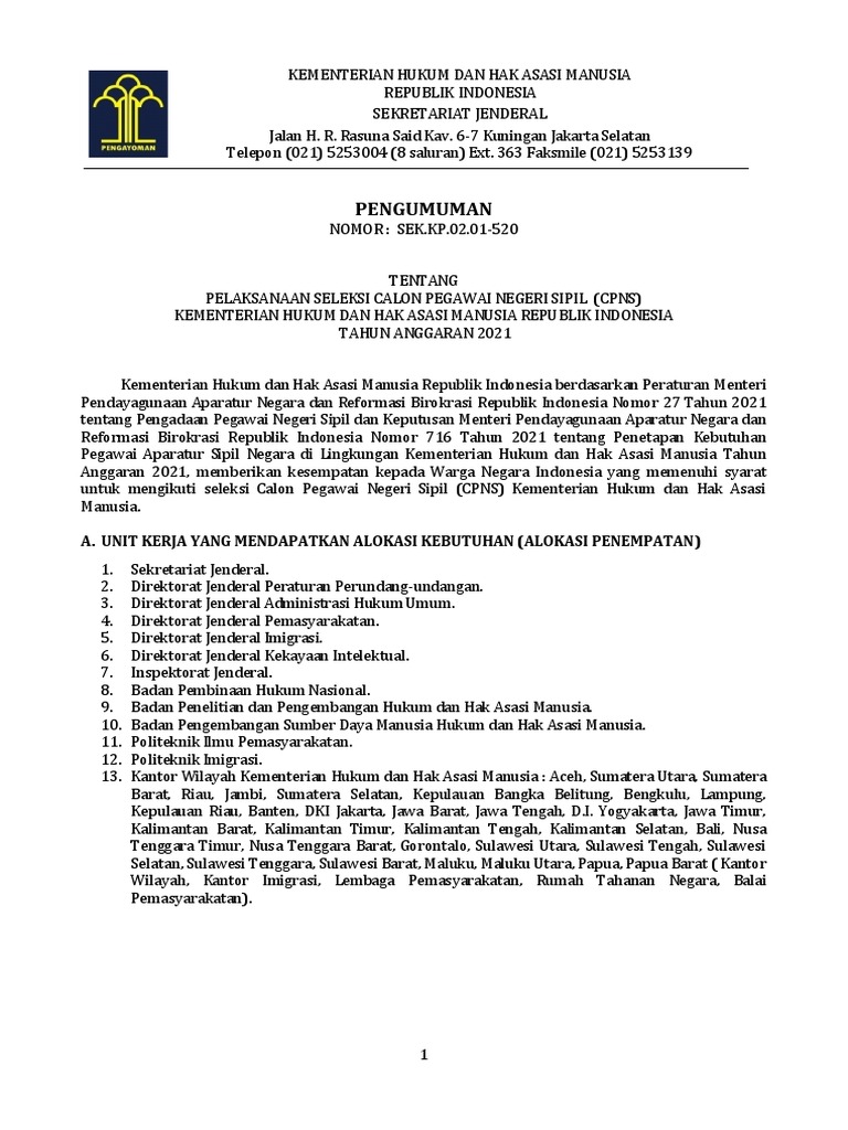 Pengumuman Seleksi Cpns Kemenkumham Ta 2021