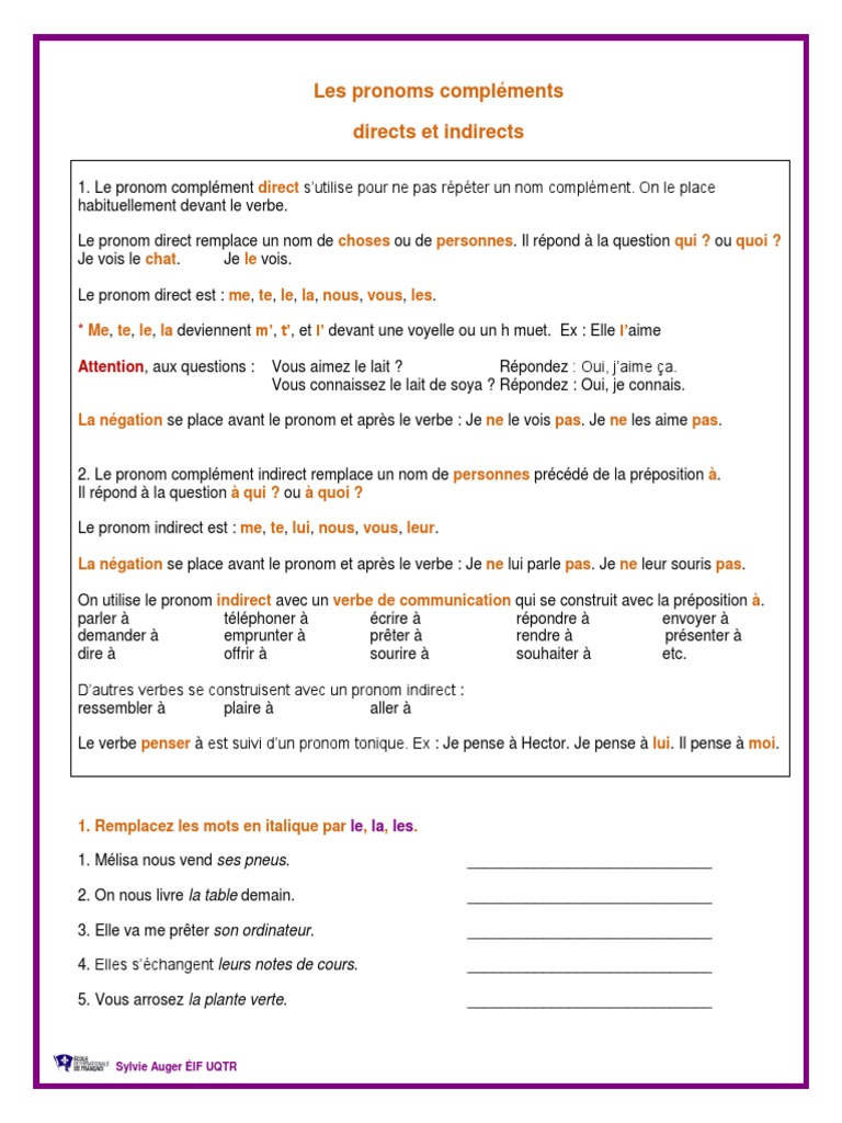 Les Pronoms Personnels Exercices Corrigés Pdf Les Pronoms Complements Directs Et Indirects Exercices Et Corrige | PDF |  Pronom | Verbe