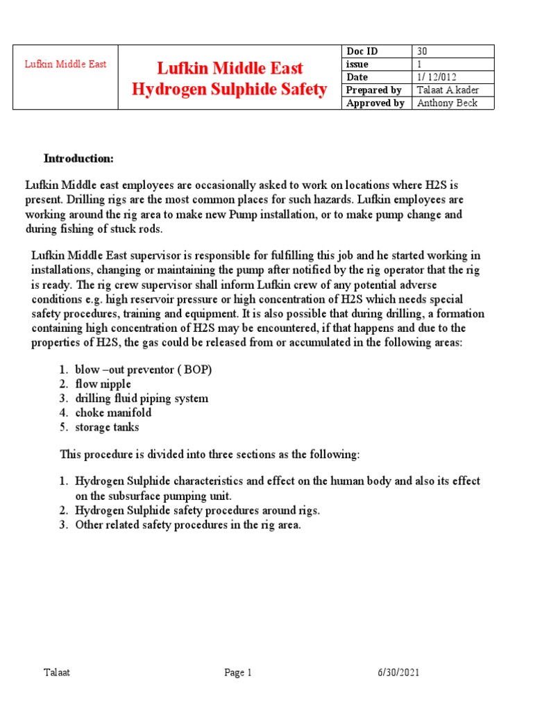 H2S Safety Procedures for Lufkin | PDF | Occupational Safety And Health ...