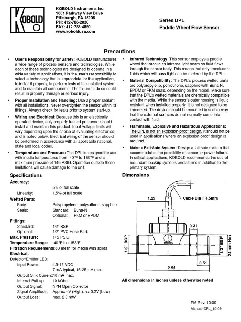 Precautions: Series DPL Paddle Wheel Flow Sensor | PDF | Pump | Pulse