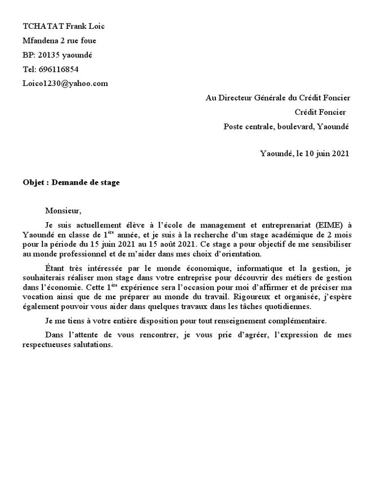 Je Reste A Votre Entiere Disposition Pour Tout Renseignement Complementaire Demande Stage Crédit Foncier | PDF