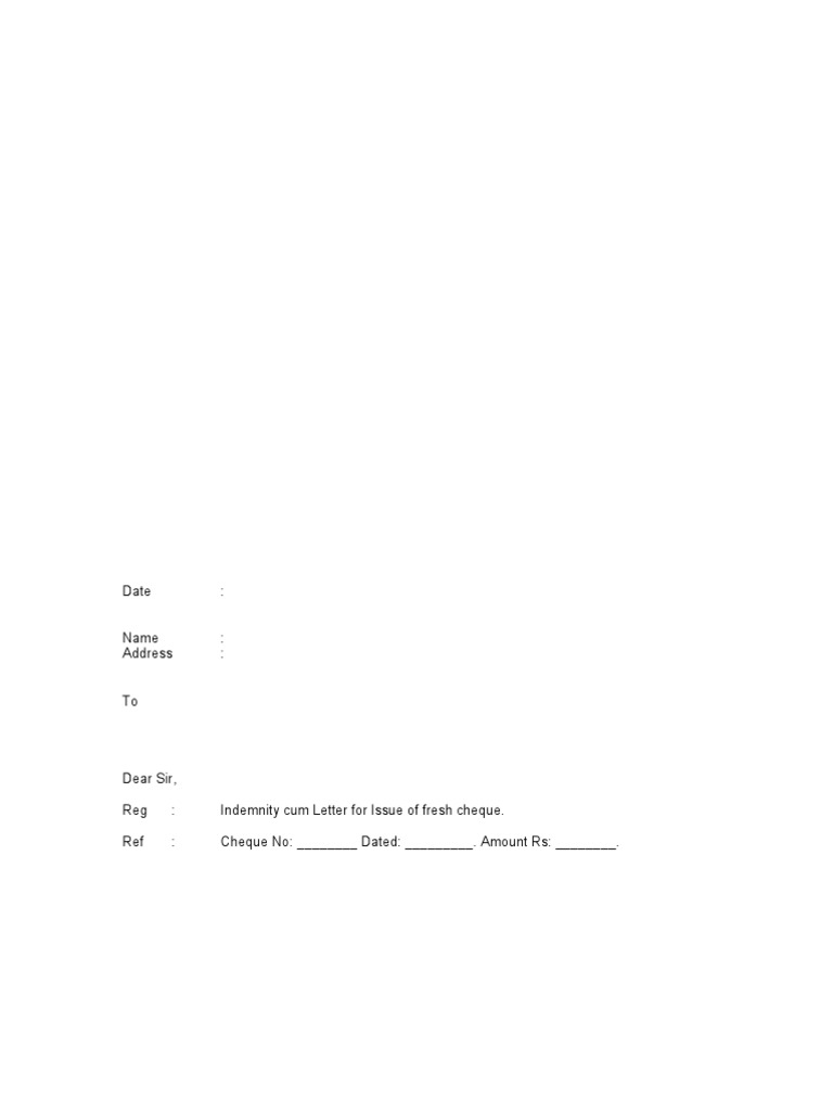 Indemnity Letter for Lost Cheque | PDF | Indemnity | Guarantee