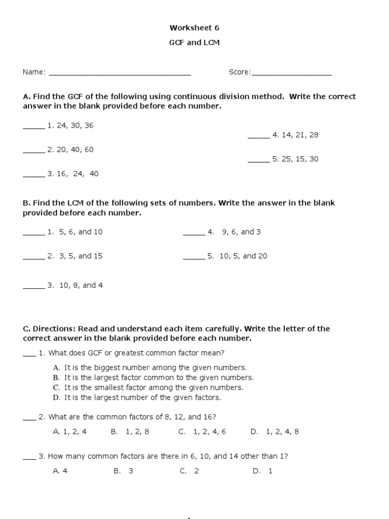 Worksheet 6 - GCF and LCM | PDF | Discrete Mathematics | Numbers