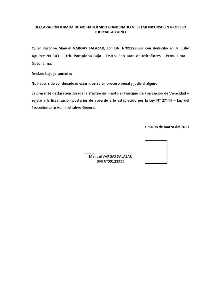 Declaración Jurada de No Haber Sido Condenado Ni Estar Incurso en ...