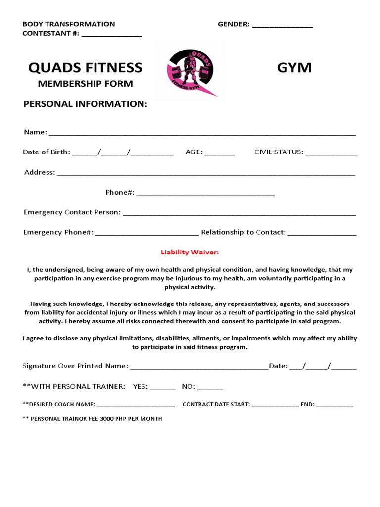 Quads Fitness GYM: Membership Form Personal Information | PDF