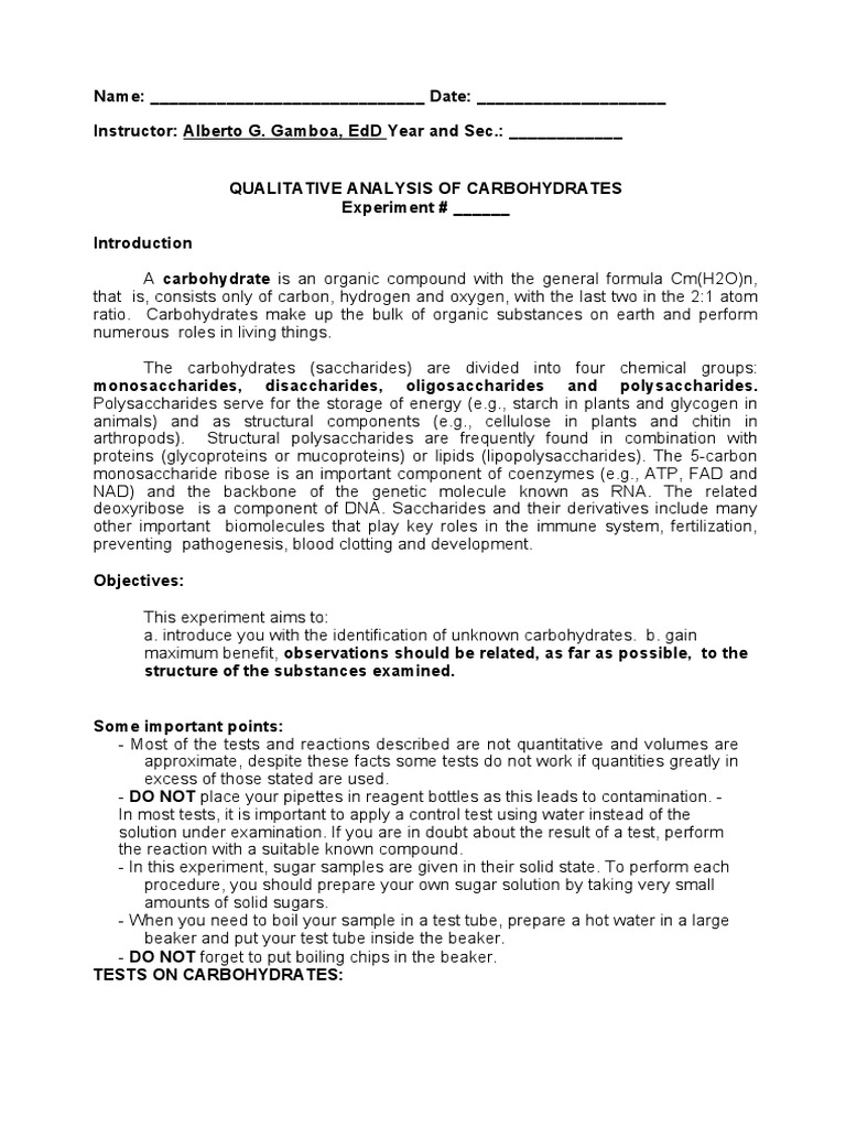 Qualitative Carbohydrate Analysis Guide | PDF | Carbohydrates ...