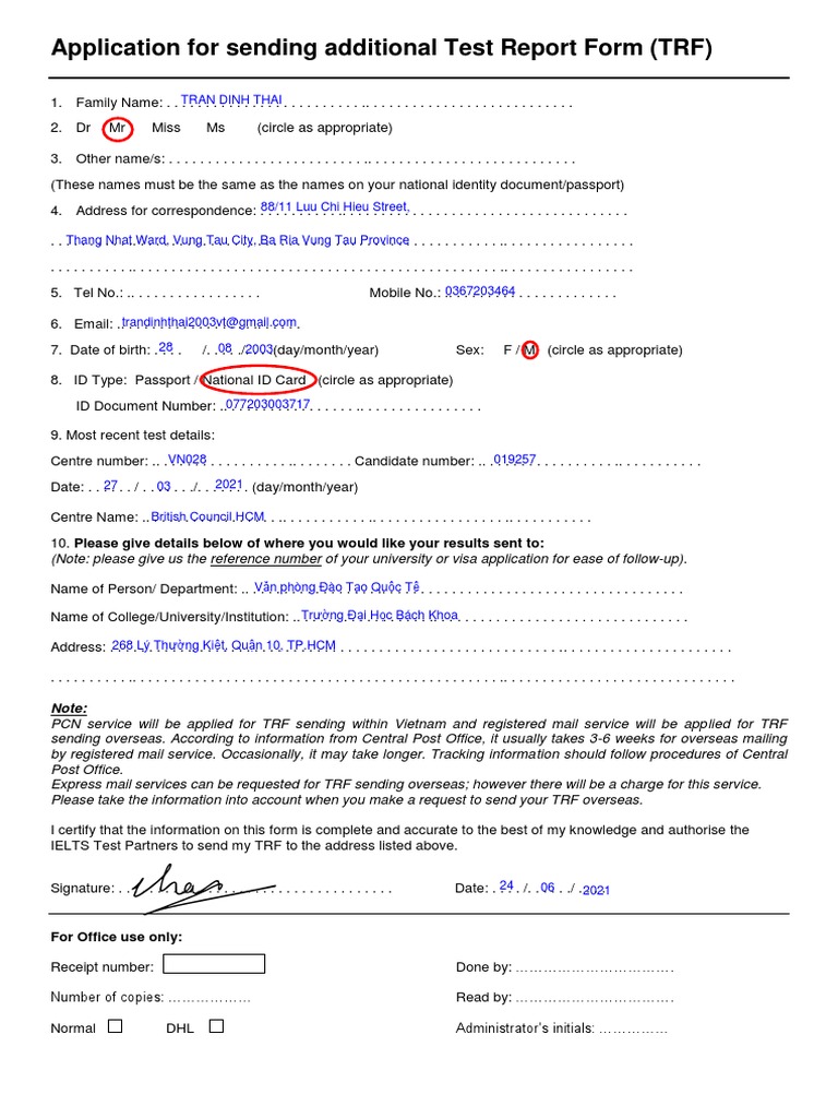 Application For Sending Additional Test Report Form (TRF) : For Office ...