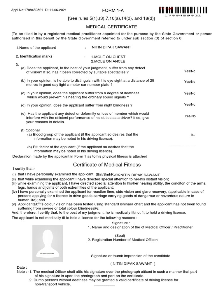 Form 1-A (See Rules 5 (1), (3), 7,10 (A), 14 (D), and 18 (D ...