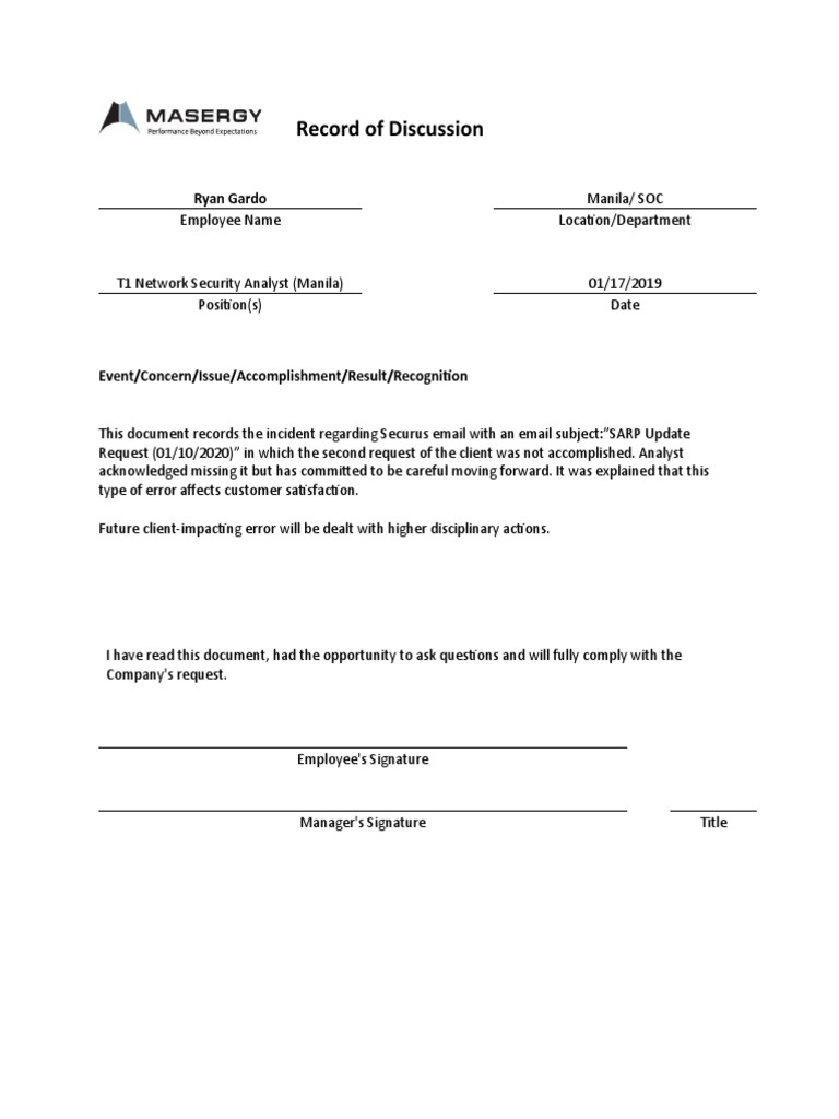 Employee Discussion Record Template | PDF
